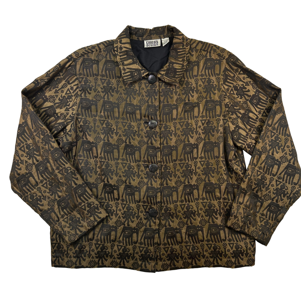 Chico's Design Jacket Womens Medium Brown Black Elephant Print Silk Blend